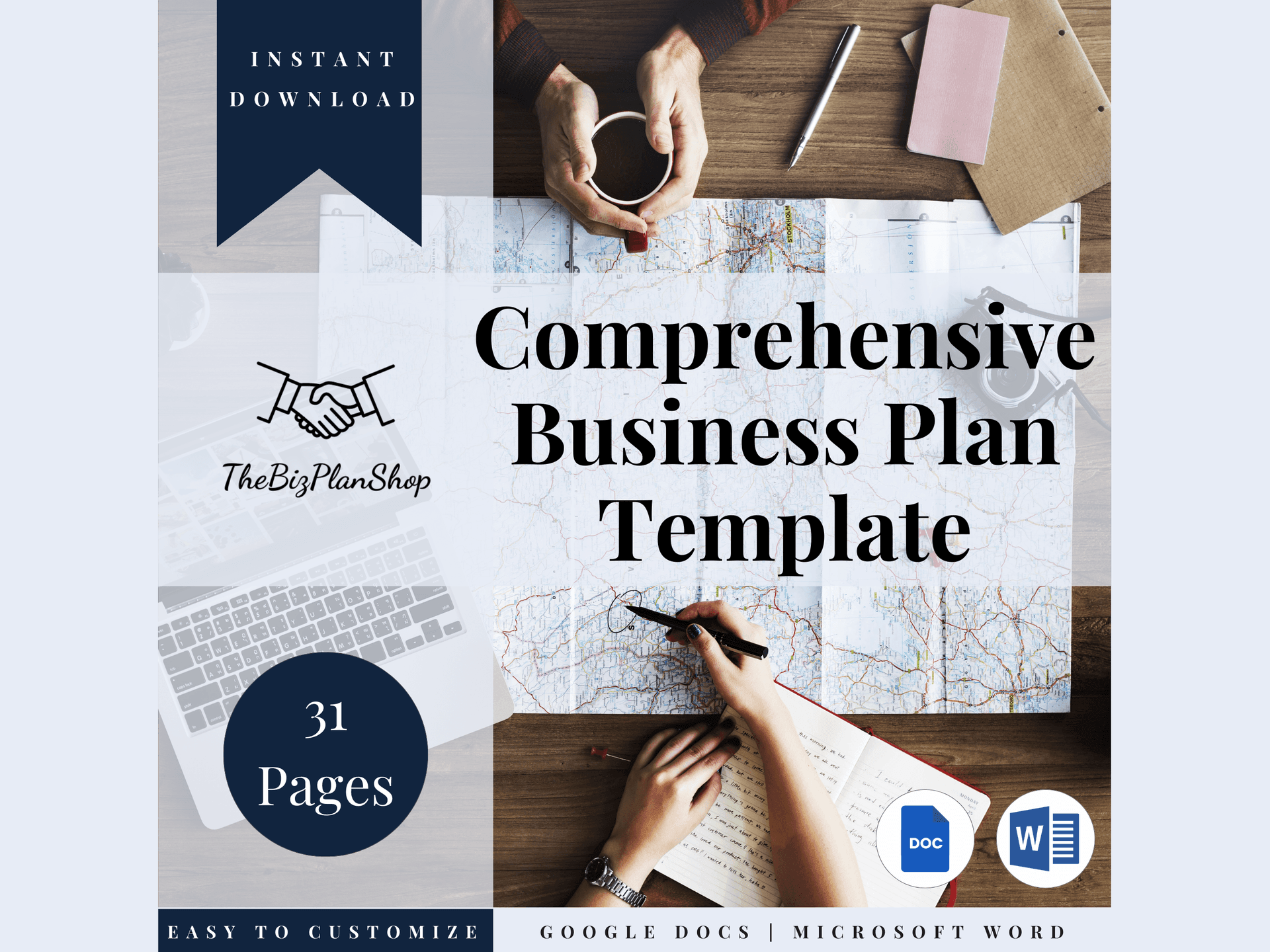 Cover of a comprehensive business plan template with maps and hands at a table.