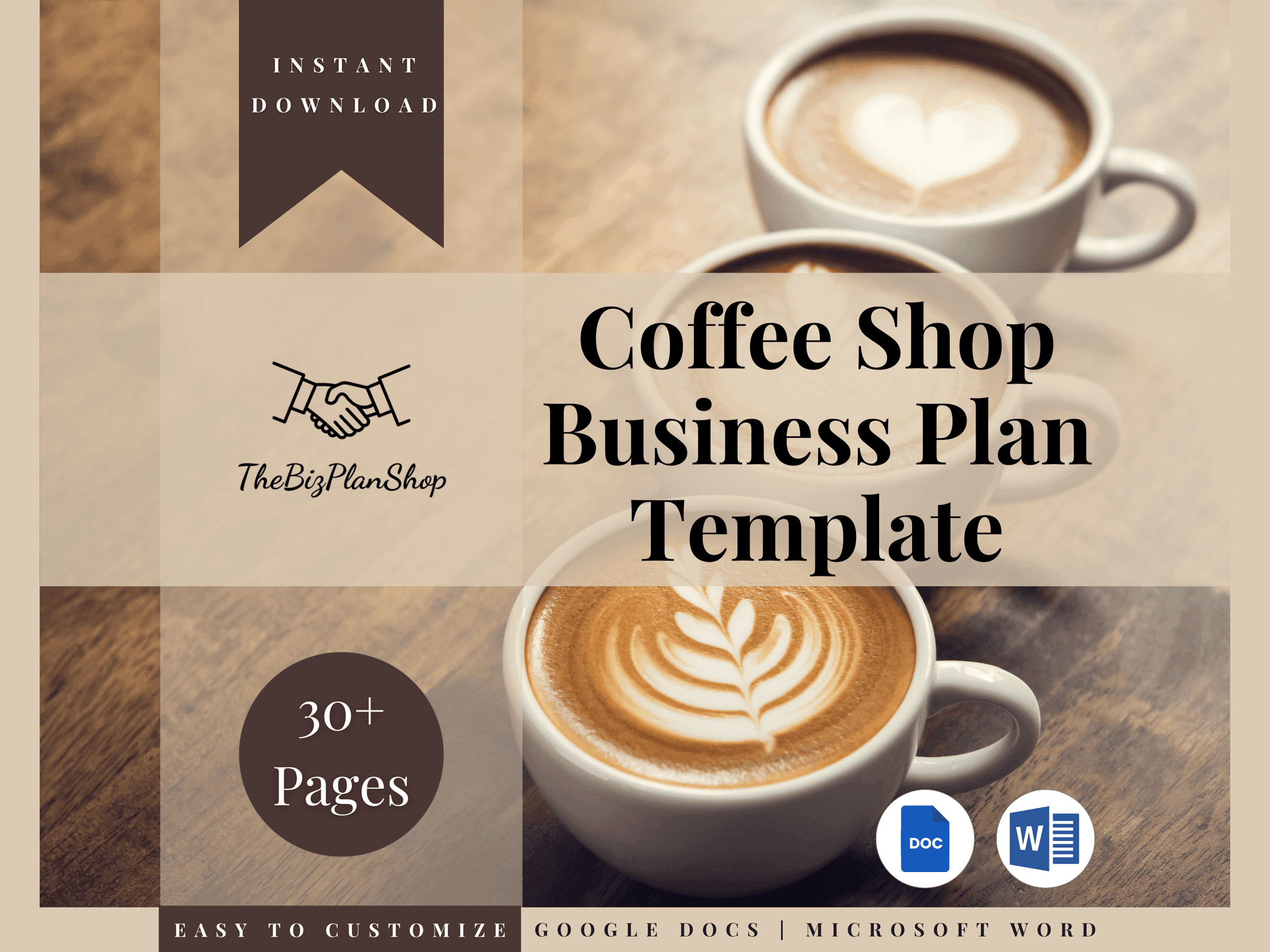 Coffee Shop Business Plan Template cover with coffee cups and customization options for Google Docs and Microsoft Word.